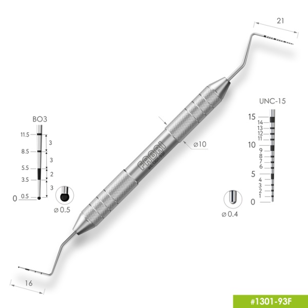 1301-93F Двухсторонний пародонтологический мерный зонд Шкалы ВОЗ+UNC-15 Эргономичная ручка Ø10мм