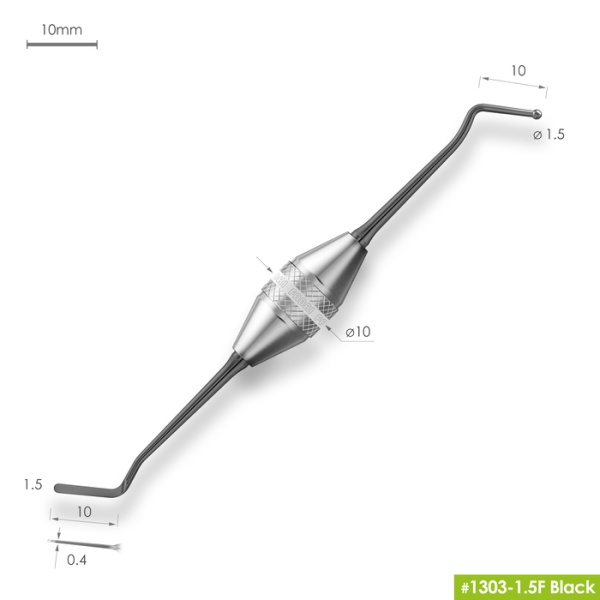 1303-1,5F Black Узкая гладилка с двухугловым штопфером - шариком Ø1,5мм с эргономичной ручкой Ø10мм Покрытие Black